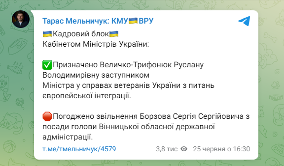 Кабмін погодив звільнення Сергія Борзова з посади начальника Вінницької ОВА